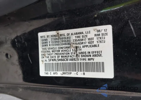 2012 Honda Odyssey Ex-L from USA, damaged, VIN 5FNRL5H66CB146929